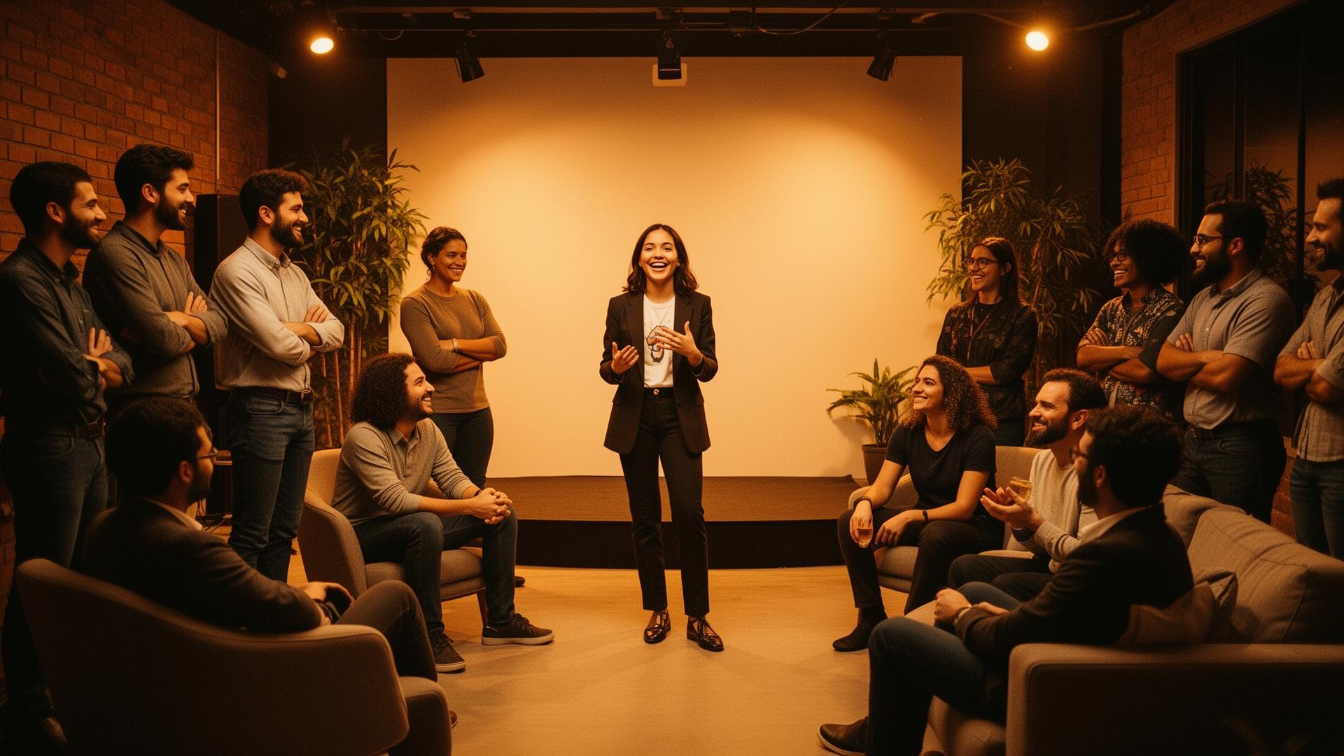 Palestrante no palco do Open Mic com público atento